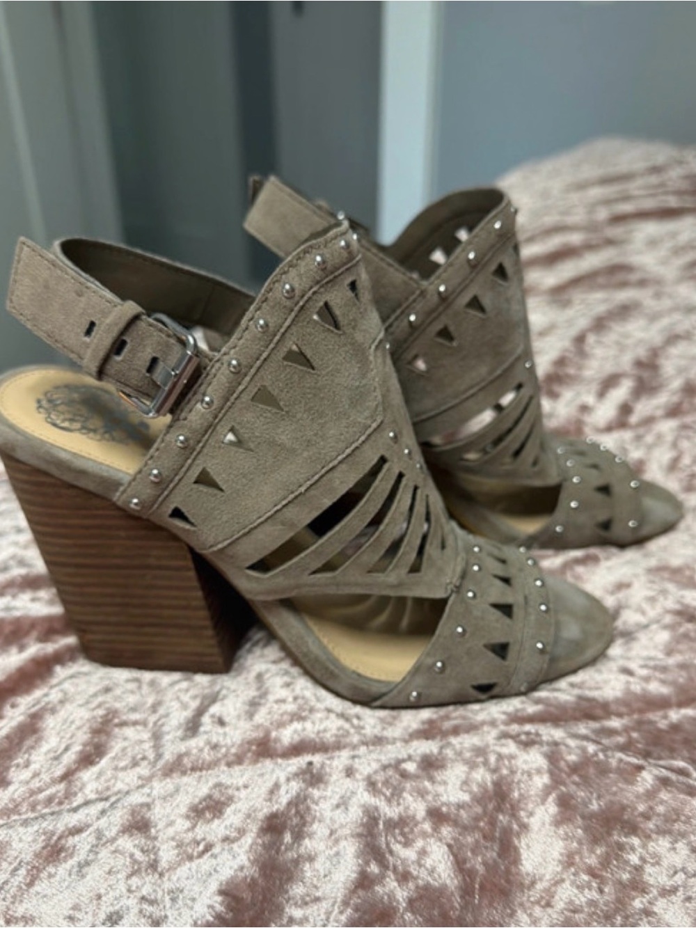 Vince Camuto Taupe Suede Cutout Studded Block Heel Sandals